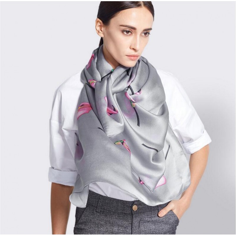 Pure Silk Scarf Gray Print Women Summer Scarf